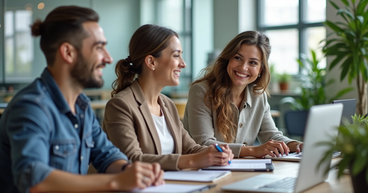 Grupo de profissionais sorrindo em escritório moderno, clima de segurança e confiança