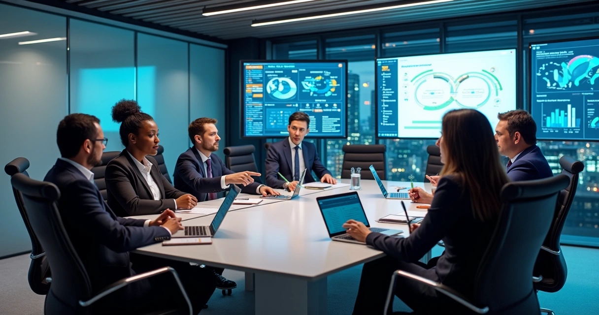 Profissionais diversos analisando dados em telas de computadores modernos 