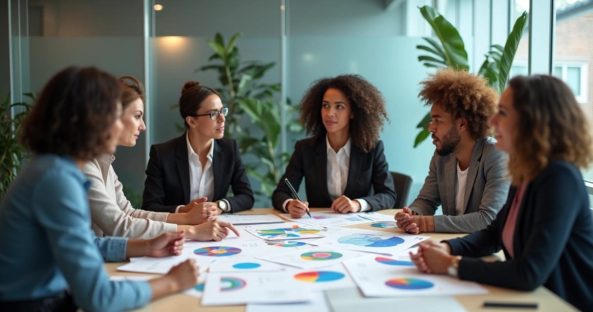 Grupo de profissionais de diferentes áreas reunidos analisando gráficos coloridos e relatórios comportamentais em uma mesa de escritório iluminada 