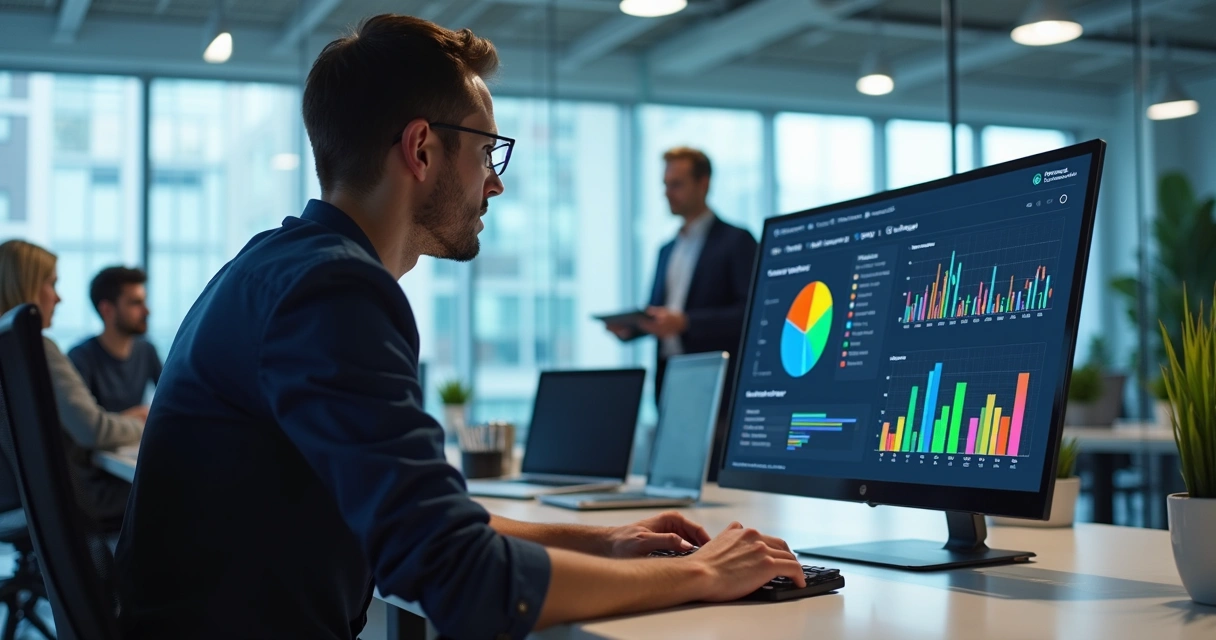 Profissional de RH analisando gráfico em tela digital no escritório