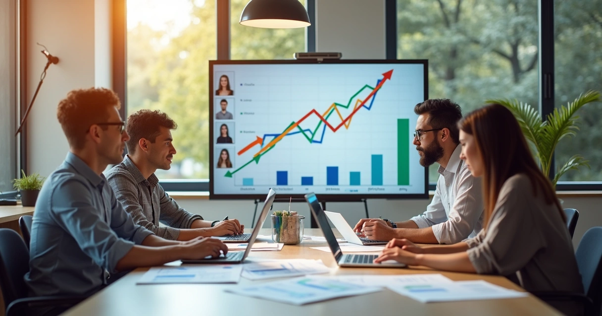Equipe de RH analisando gráficos de desempenho em uma mesa de reunião 