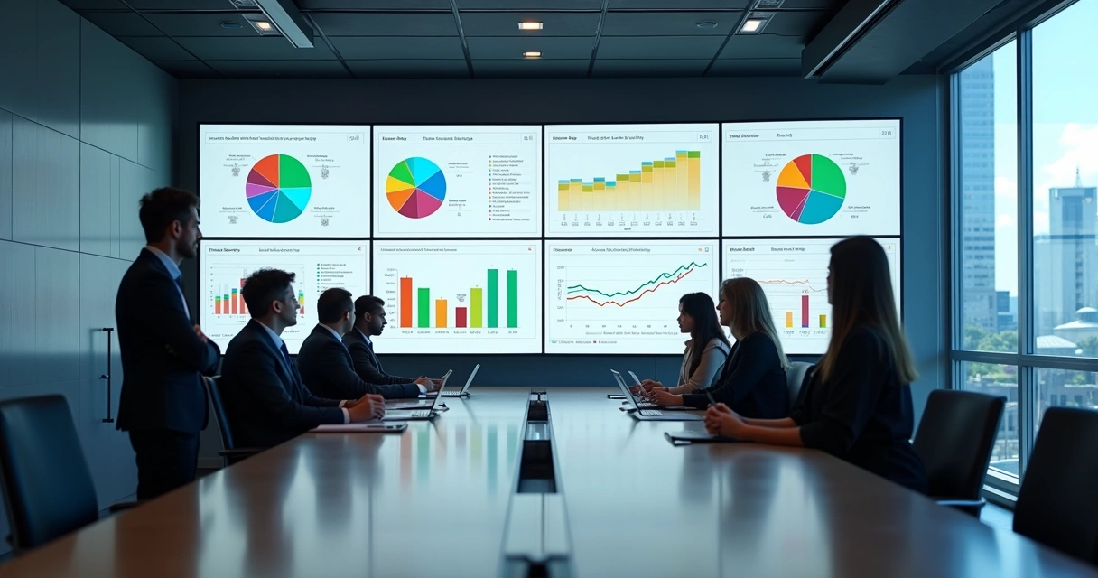 Equipe de RH analisando perfis comportamentais em telas digitais em uma sala de reuniões moderna