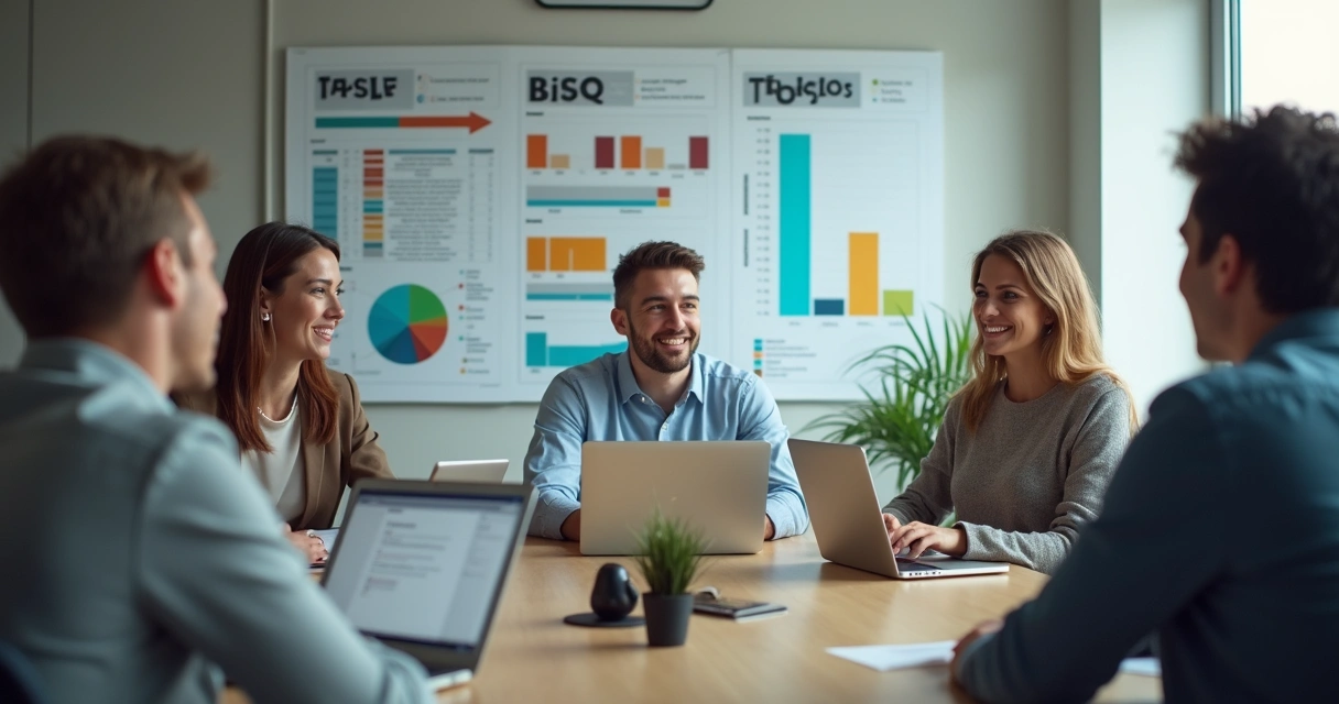 Reunião de pessoas analisando dados de comportamento em uma mesa de escritório 