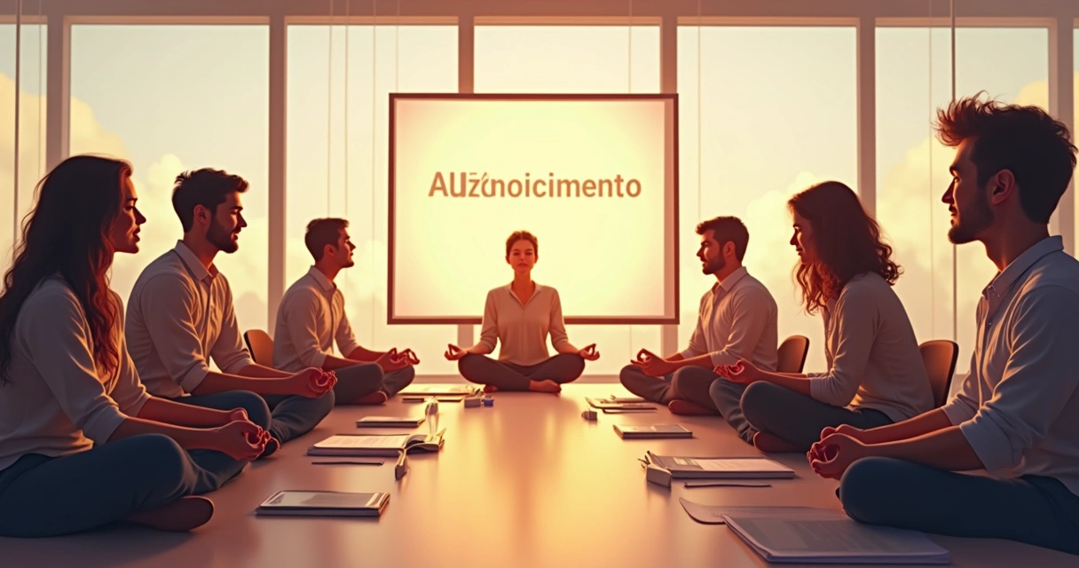 Equipe reunida em sala de reunião praticando autoconhecimento e autorreflexão 