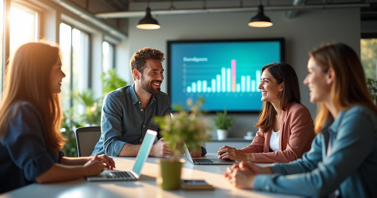 Ambiente de trabalho alegre com equipe satisfeita 