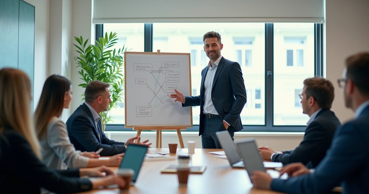 Consultor de RH em reunião com gestores em sala de reunião corporativa