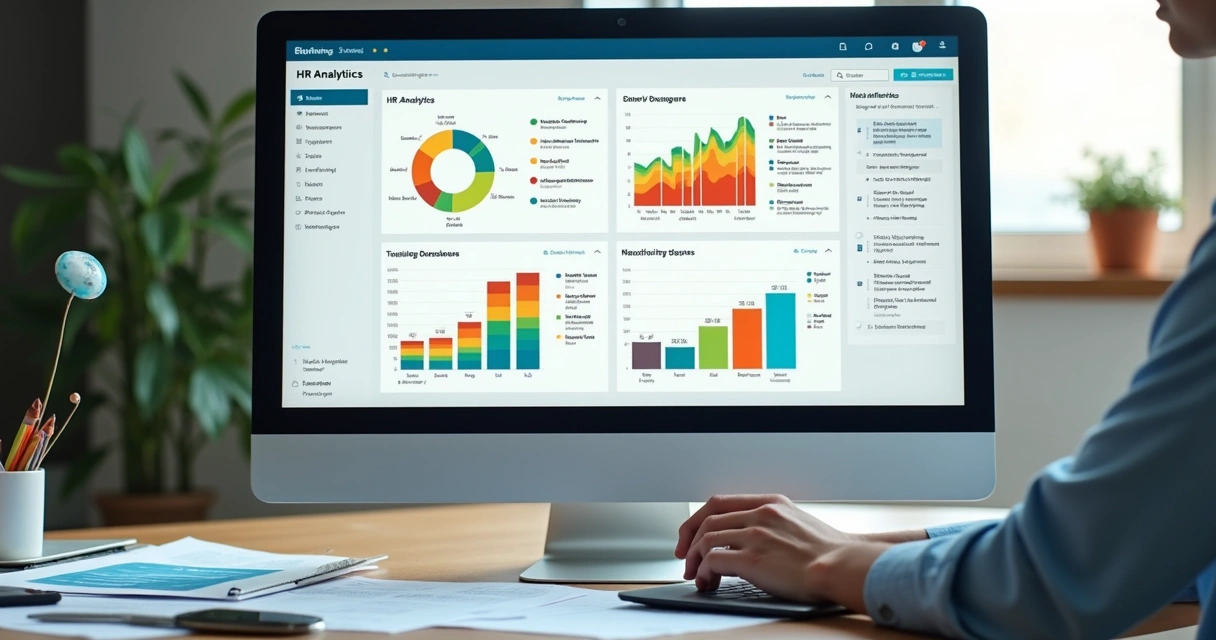 Gráficos coloridos e interface de plataforma de RH, com dados comportamentais em destaque, telas vista de cima 