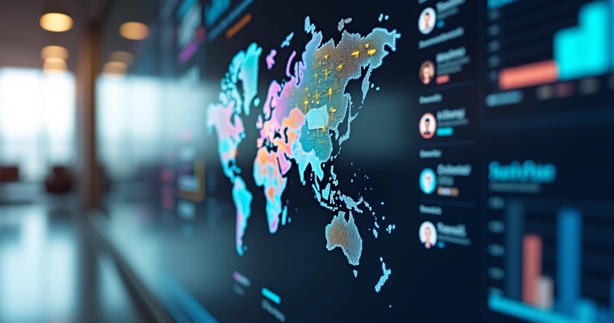 Dashboard digital moderno mostrando análise de rede de colaboração com gráficos e perfis comportamentais ao lado.