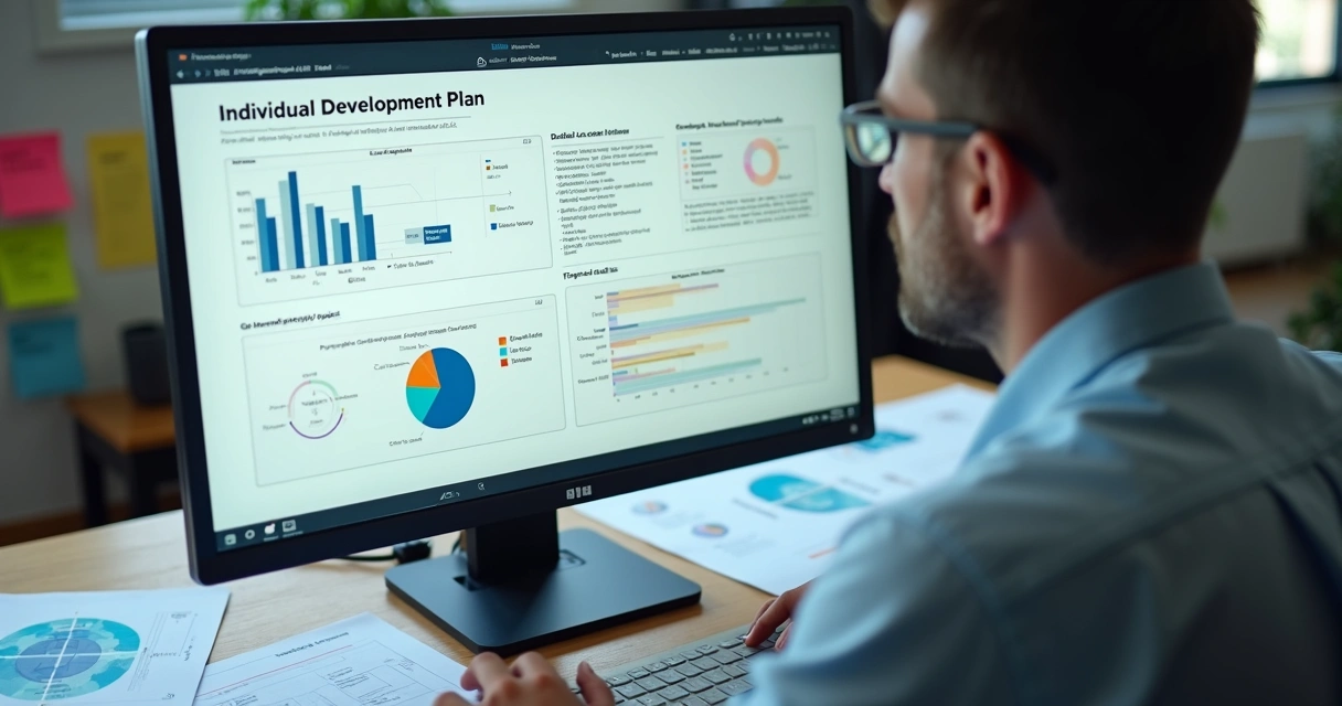 Gestor analisando gráficos de PDIs individuais em tela de computador 