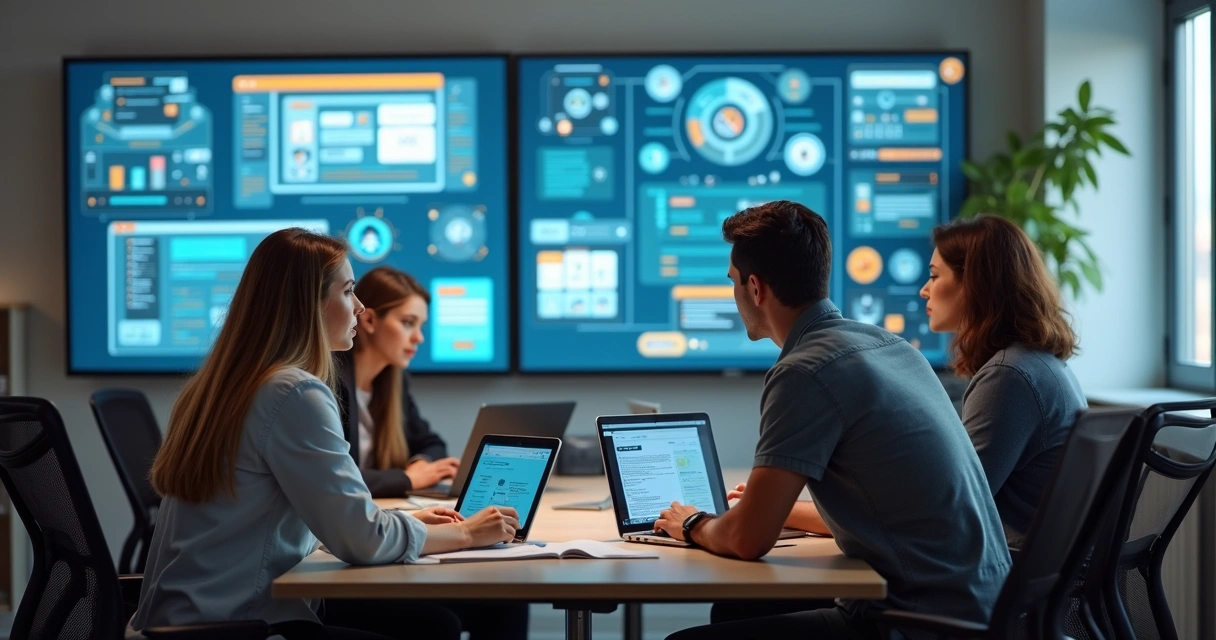 Equipe de RH avaliando canais de divulgação de vaga, com diferentes telas e materiais de comunicação 