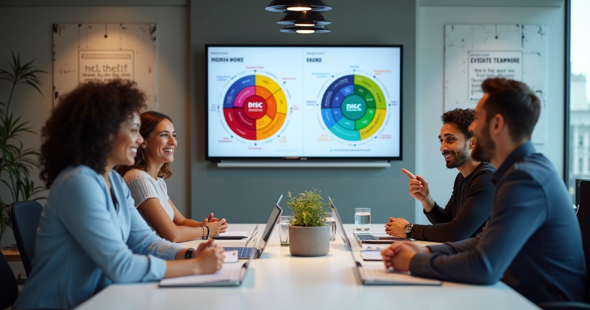 Equipe de alta performance reunida analisando relatório DISC 