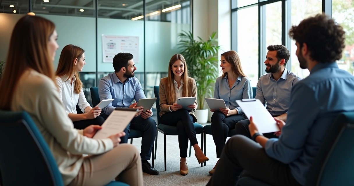 Equipe sentada em círculo trocando feedbacks com pranchetas e tablets 