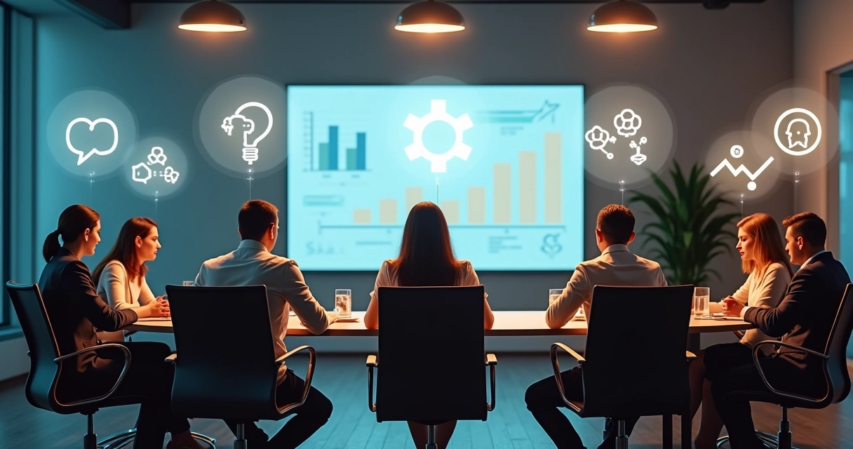 Equipe reunida trocando ideias com representações visuais de comportamentos