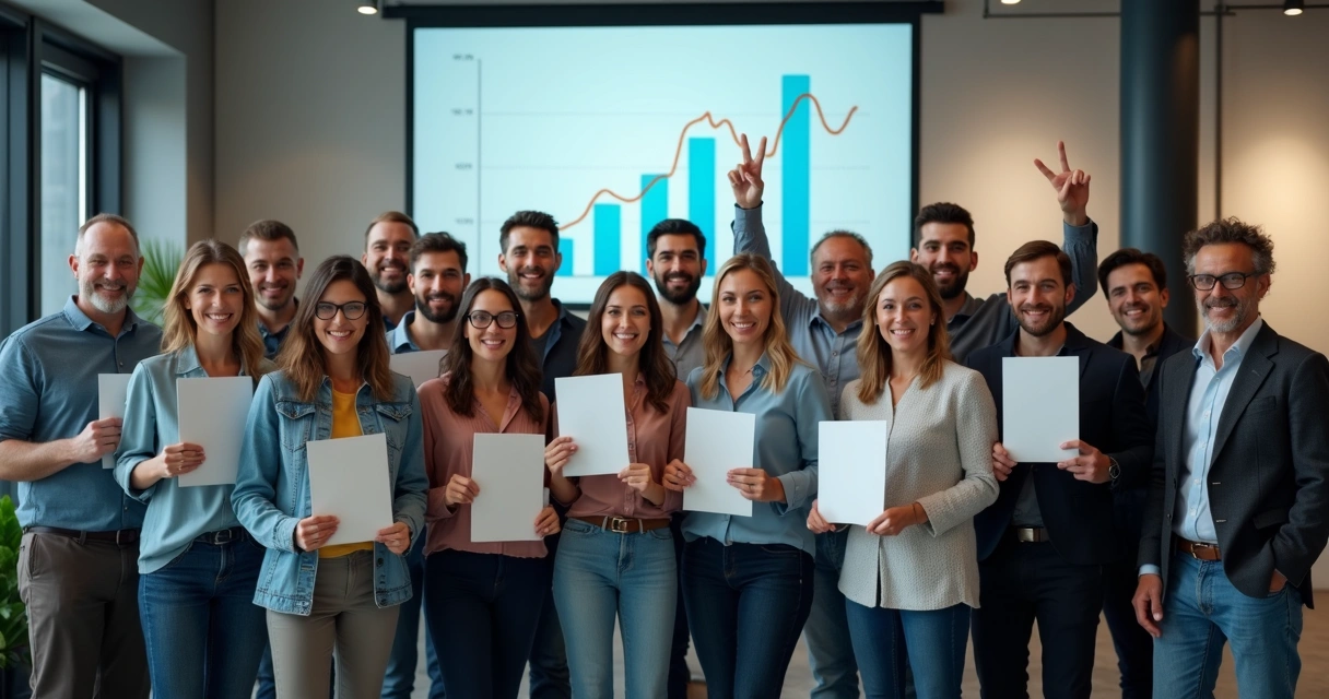 Equipe diversa comemorando resultados 