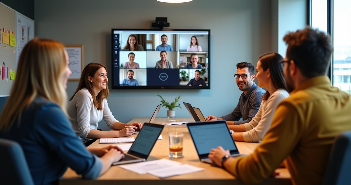 Equipe reunida em mesa de reunião, parte presencialmente, parte em videoconferência 