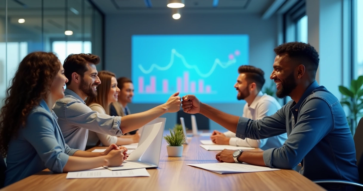 Time de colaboradores reunido em sala de reunião, gestos de união 