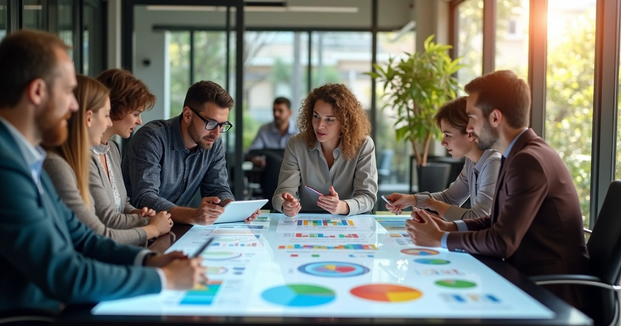 Equipe de RH multidisciplinar analisando gráficos e dados em telas digitais