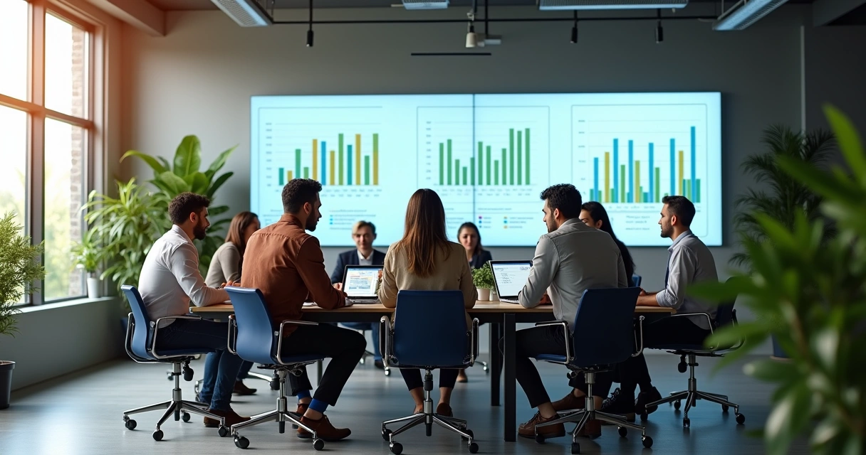Equipe em reunião avaliando potencial de promoção