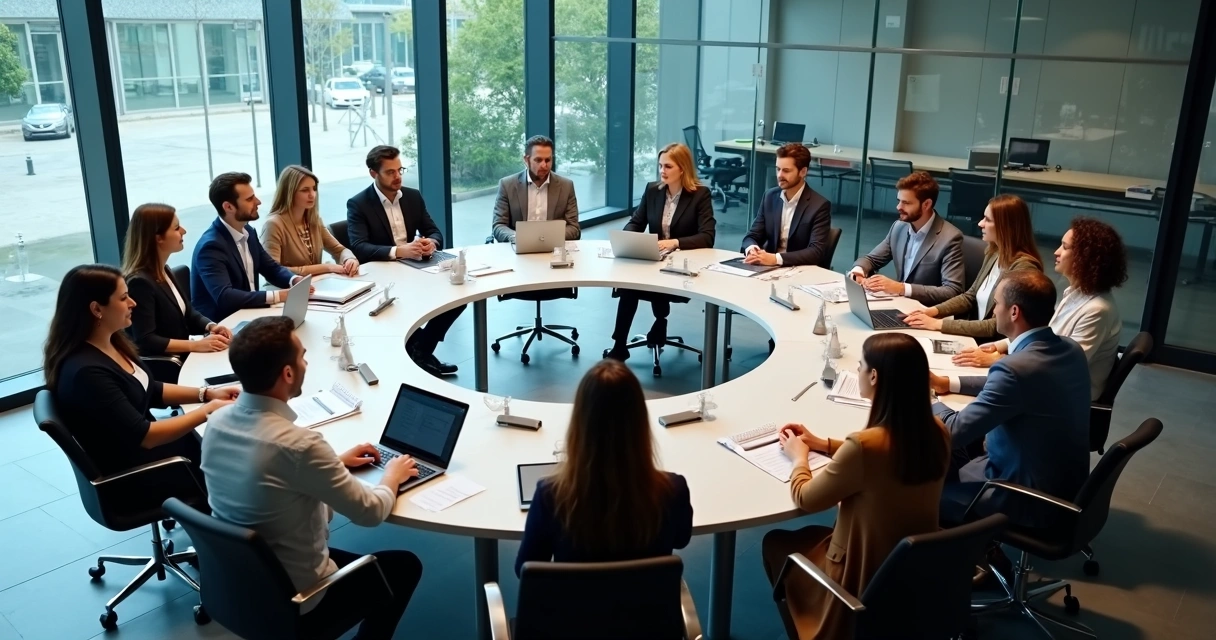 Representação de colaboradores em ambiente horizontal, reunidos em círculo ao redor de uma mesa