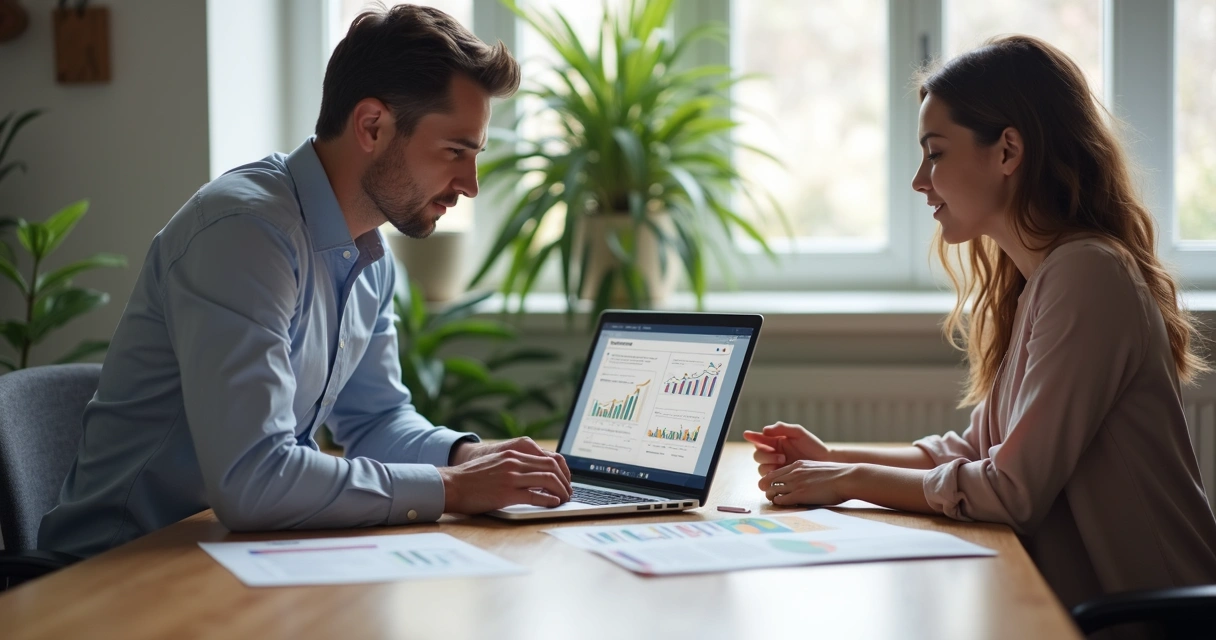 Duas pessoas em reunião individual analisando gráficos em um notebook, com expressões serenas e ambiente de escritório moderno