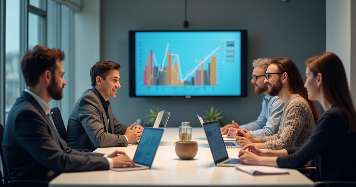 Equipe de diferentes idades reunida em ambiente empresarial, colaborando em volta de uma mesa 