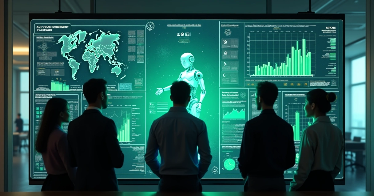 Interface digital de recrutamento com gráficos, currículos e avatar de inteligência artificial