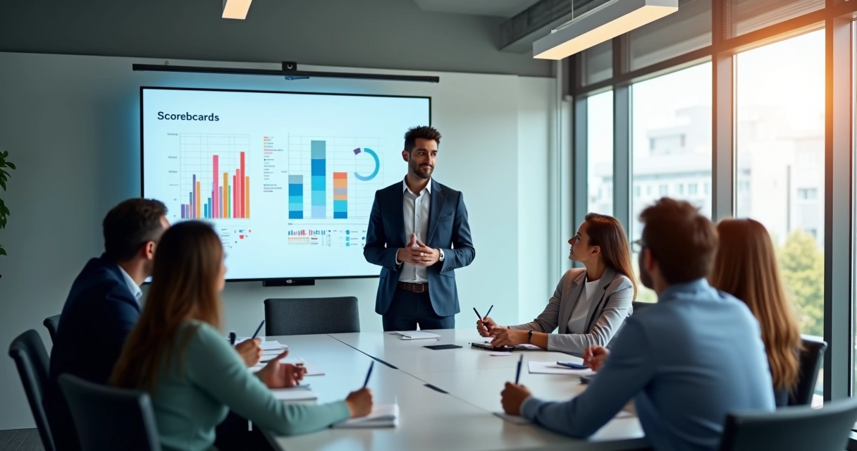 Líder em uma sala de reunião apresentando scorecard para equipe 