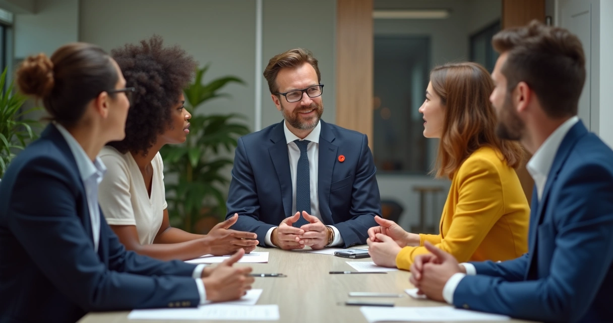 Líder conversando com equipe de diferentes perfis 