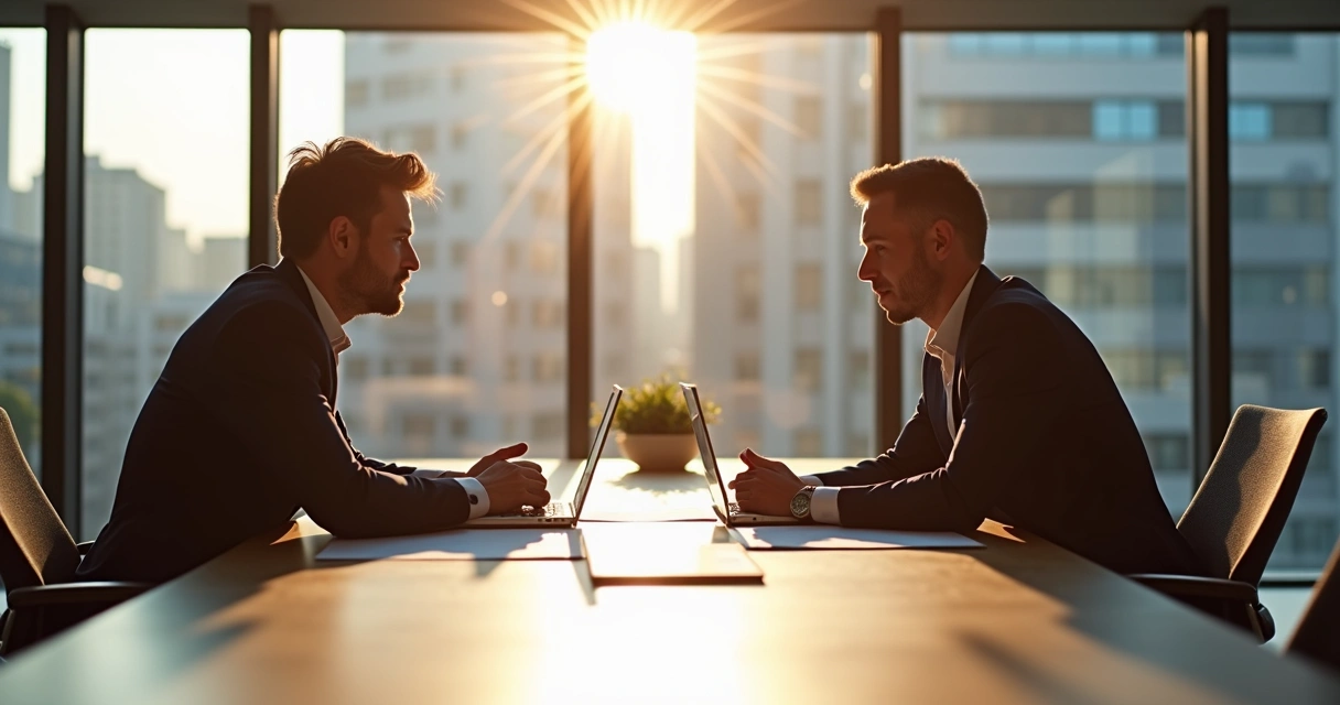 Mentor e mentorado em reunião empresarial, trocando ideias em ambiente moderno