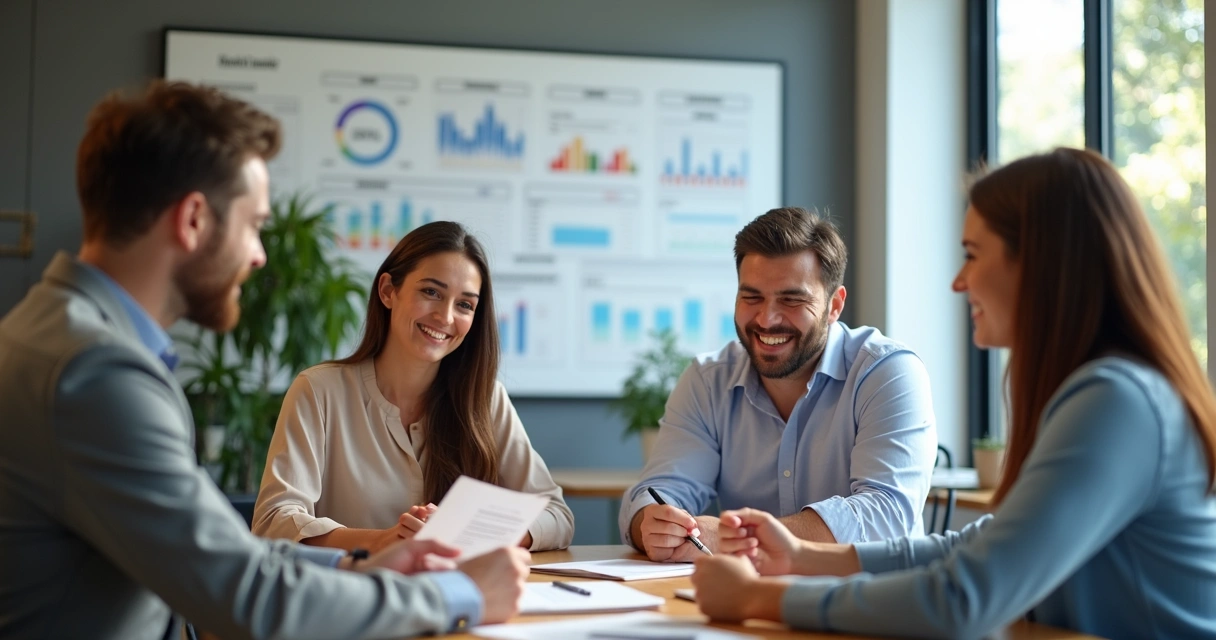 Equipe reunida em onboarding, cada um com expressão e postura diferentes mostrando diversidade de perfis DISC.