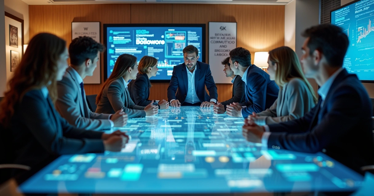 Equipe discutindo integração entre pessoas e tecnologia na sala de reunião