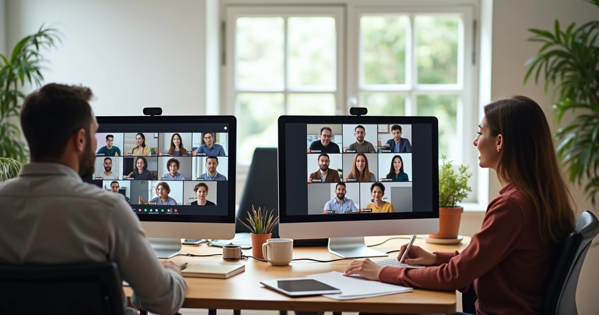 Equipe conectada em reunião virtual, cada um em seu espaço de trabalho