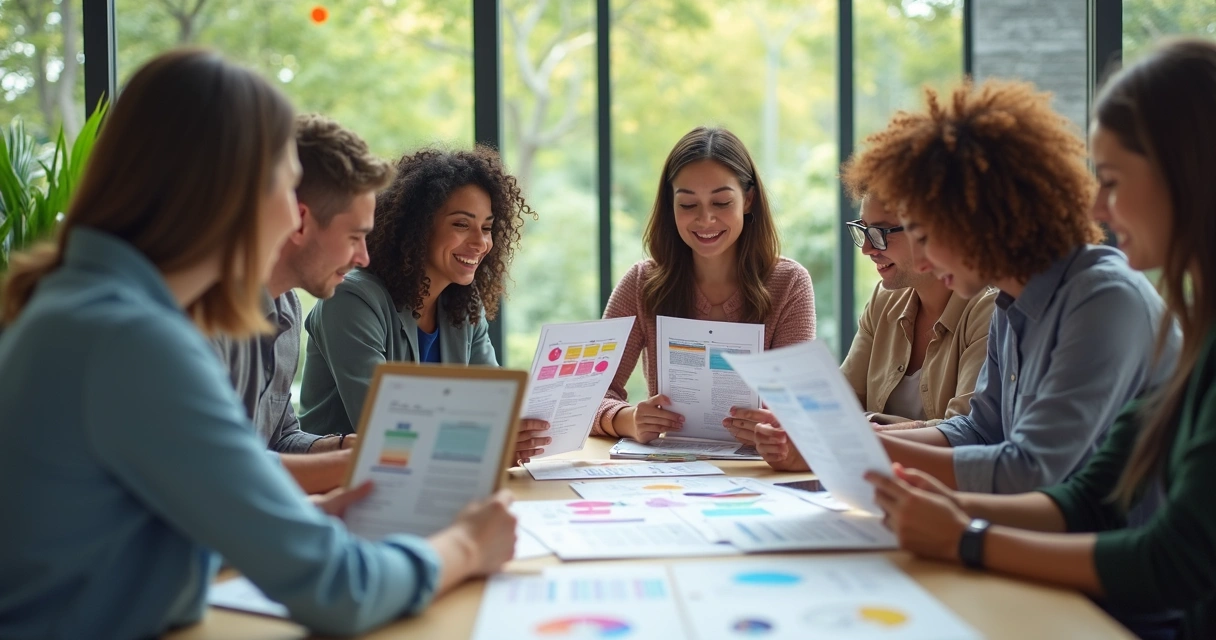Equipes reunidas em torno de mesa de escritório realizando integração com perfis DISC e MBTI. 