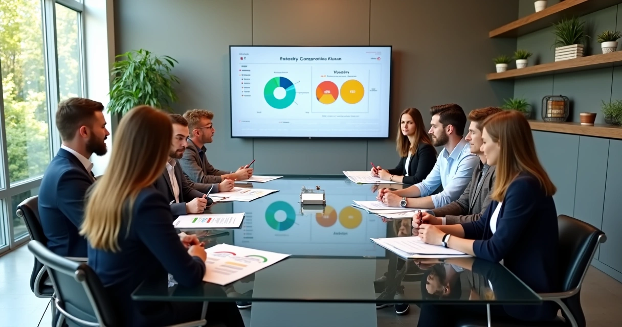 Equipe reunida analisando relatório comportamental em sala de reuniões 