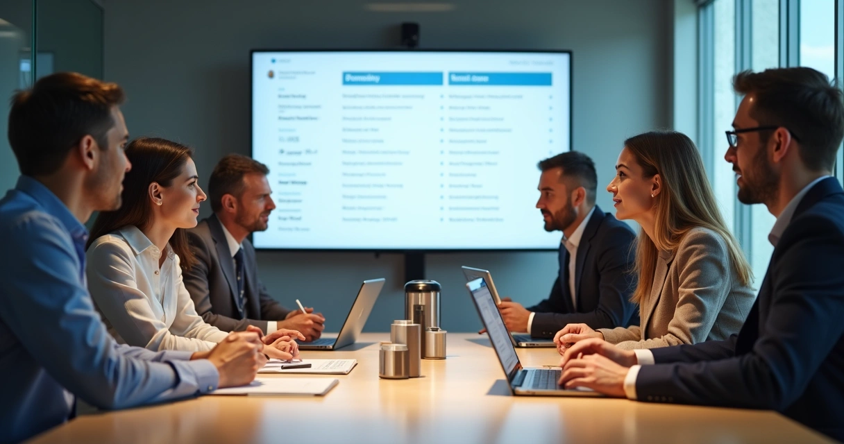 Equipe reunida em uma mesa discutindo agenda e objetivos