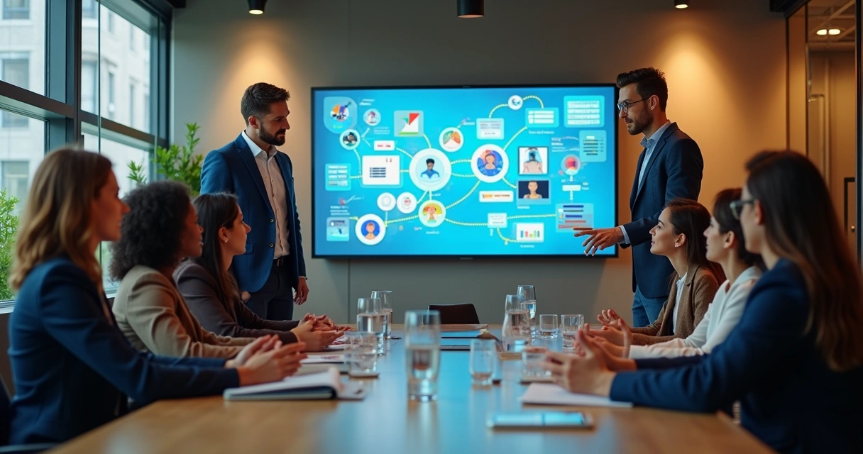Equipe de RH reunida com painel digital mostrando gráficos e IA