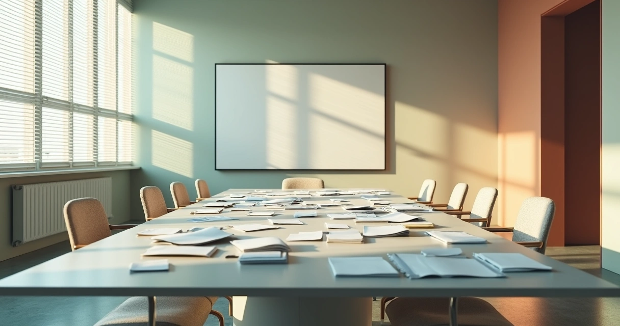 Sala de reunião vazia com cadeiras afastadas 