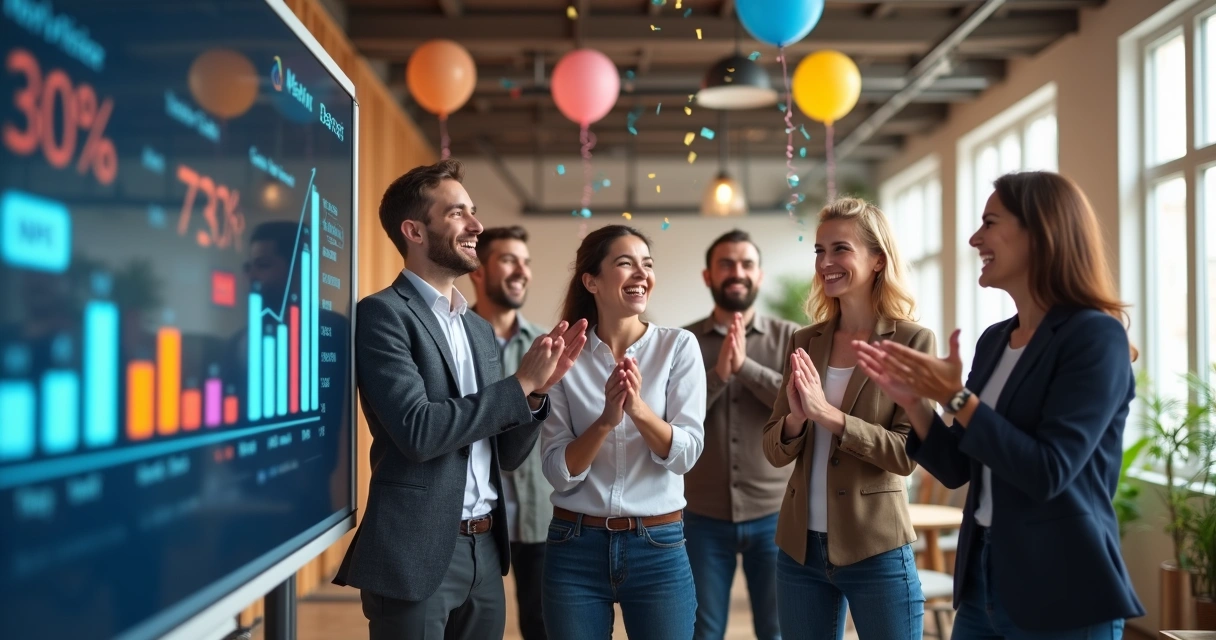 Equipe comemorando resultados positivos juntos 
