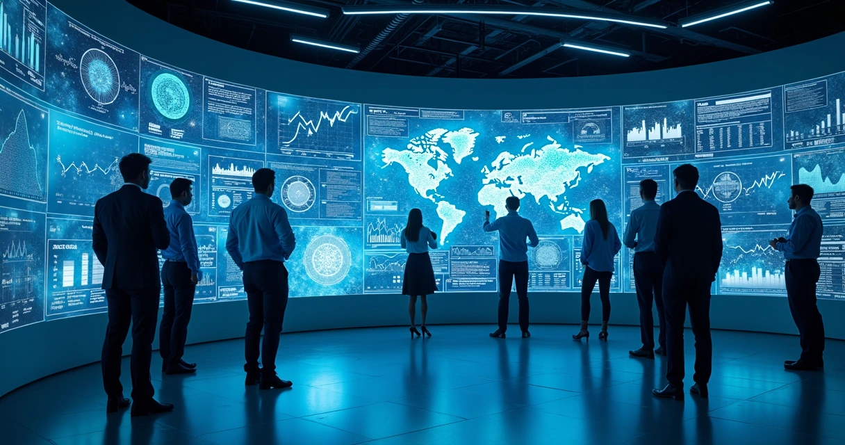 Painel digital com gráficos de dados e ícones de pessoas interligados, ilustrando inteligência de dados em gestão de pessoas