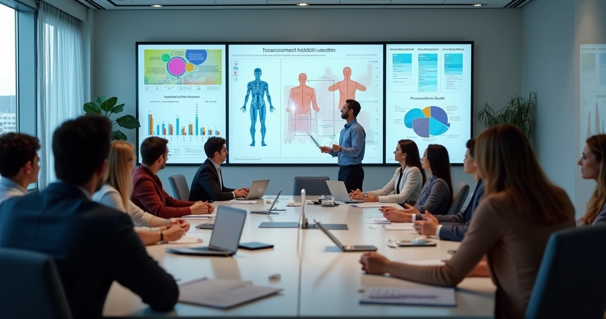 Equipe de RH e colaboradores em treinamento sobre saúde organizacional 
